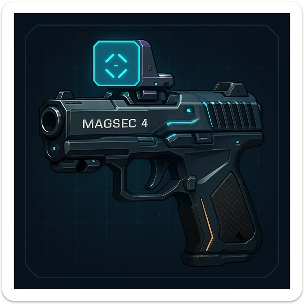 the image is the icon for a videogame  item. futuristic cyberpunk -ready to equip- it is master craftsmanship [ unequipped item ]
It is a magsec4 pistol with a mini-holo - neatly staged 3/4 profile view - orthographic horizontal perspective sticker