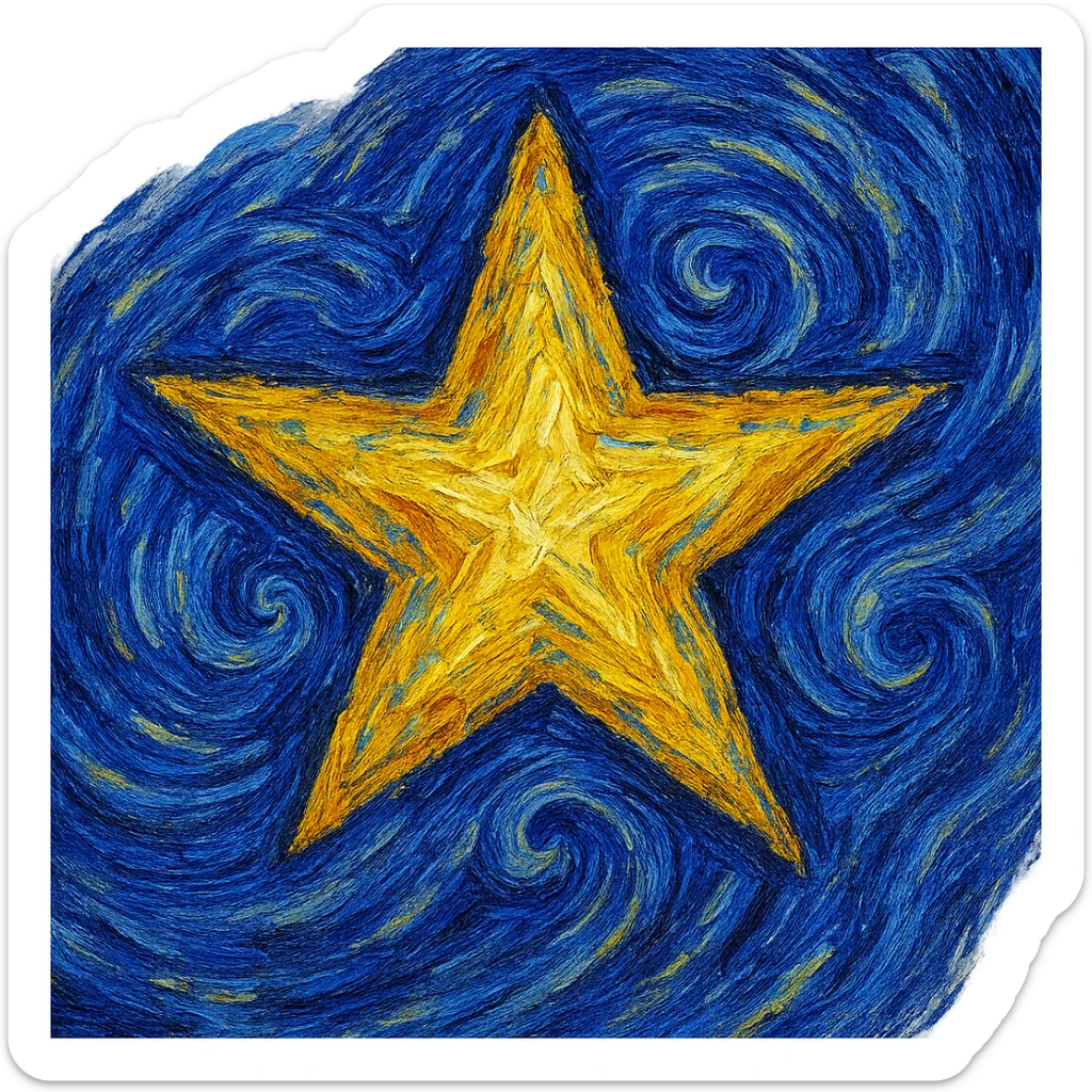 a star in the style of van Gogh's Starry Night, with swirling brushstrokes and vibrant colors, post-impressionist style, expressive lines, thick impasto texture, blue-yellow palette, bold color contrasts, swirling night sky patterns sticker