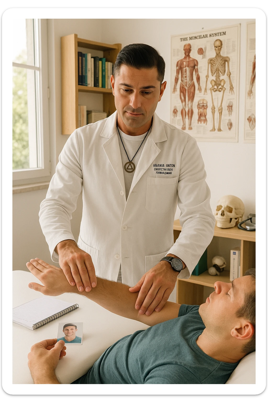 a middle-aged man, dressed in casual professional attire, is in a bright, organized therapy studio. Durante una visita di kinesiologia, il praticante tiene con una mano la foto di una persona lontana (il “testimone”) appoggiata su un tavolo, mentre con l’altra mano esegue un test muscolare su un cliente presente. Sullo sfondo si vedono libri di kinesiologia, poster anatomici e strumenti tipici della disciplina. L’atmosfera è concentrata e serena, con luce naturale che entra dalla finestra, sottolineando l’aspetto alternativo e umano della pratica. sticker