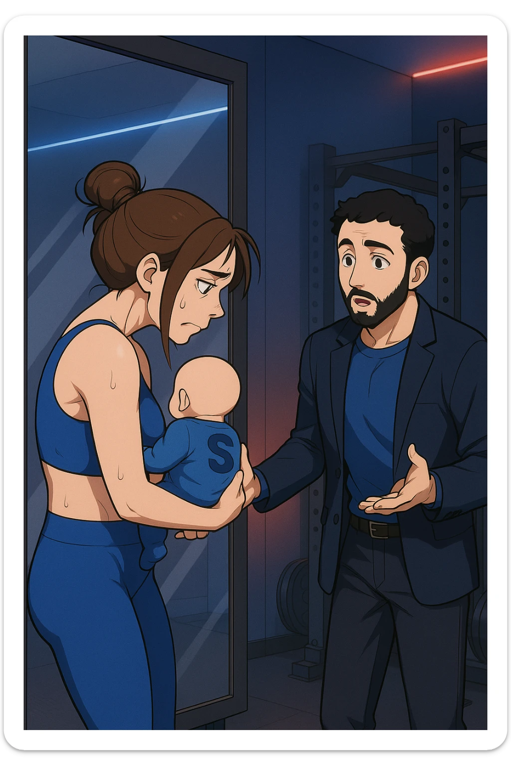 ispirati a questo stile di disegno e fai questa immagine in versione manga/webtoon a colori, il manga mostra la donna che si guarda alla specchio preoccupata di profilo con la postura sbagliata e incurvata, spalle chiuse e curve in avanti, con un neonato in braccio con una tutina azzurra e la scritta "S" blu sulla schiena, spina dorsale storta della donna in evidenza mentre al suo fianco anche l'uomo guarda la donna riflessa nello specchio e le spiega una cosa, ma non fare i fumetti, fai come se stessero parlando sticker