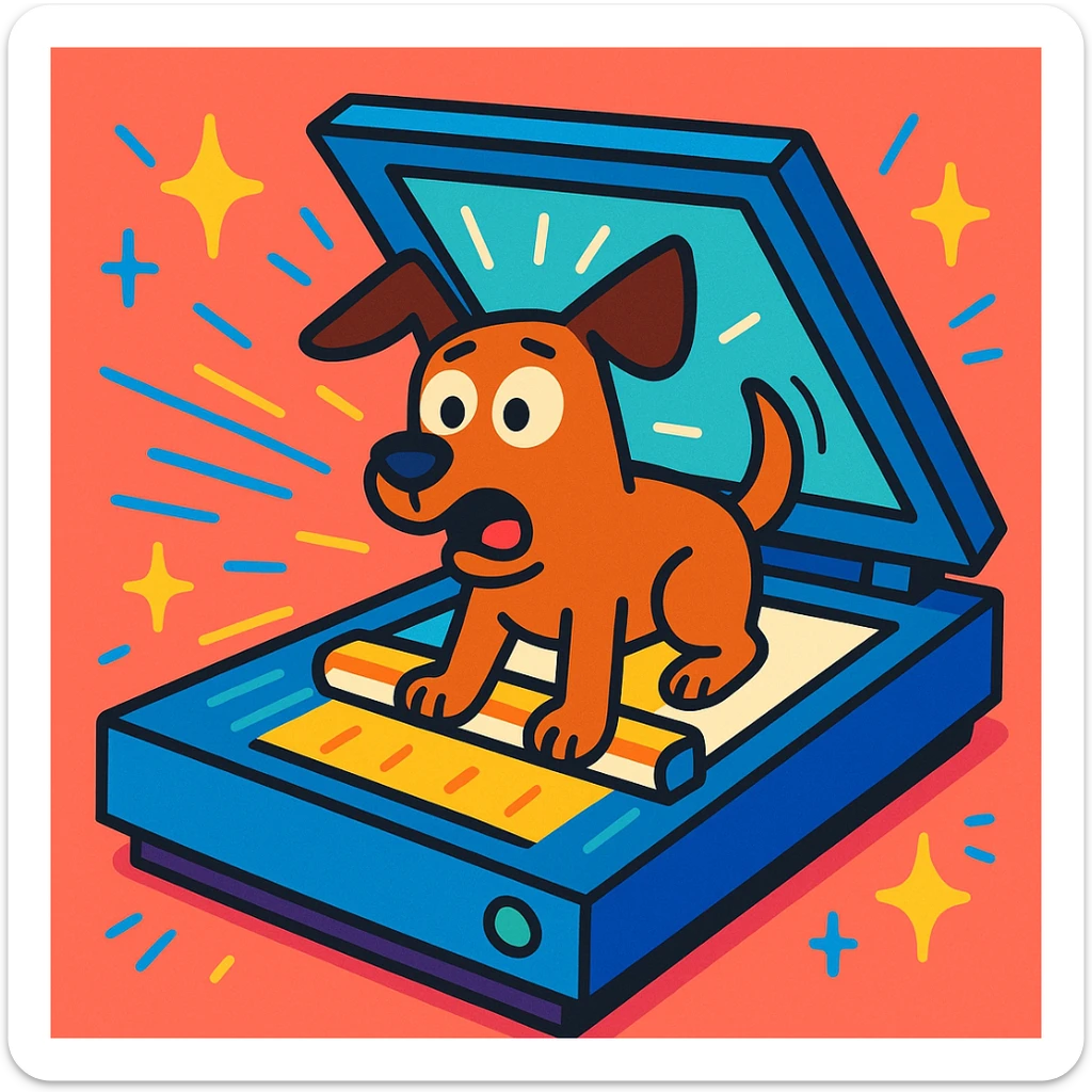 scanner in action with light bar moving under the dog, animated lines and sparkles, dog looking surprised, playful and colorful style sticker
