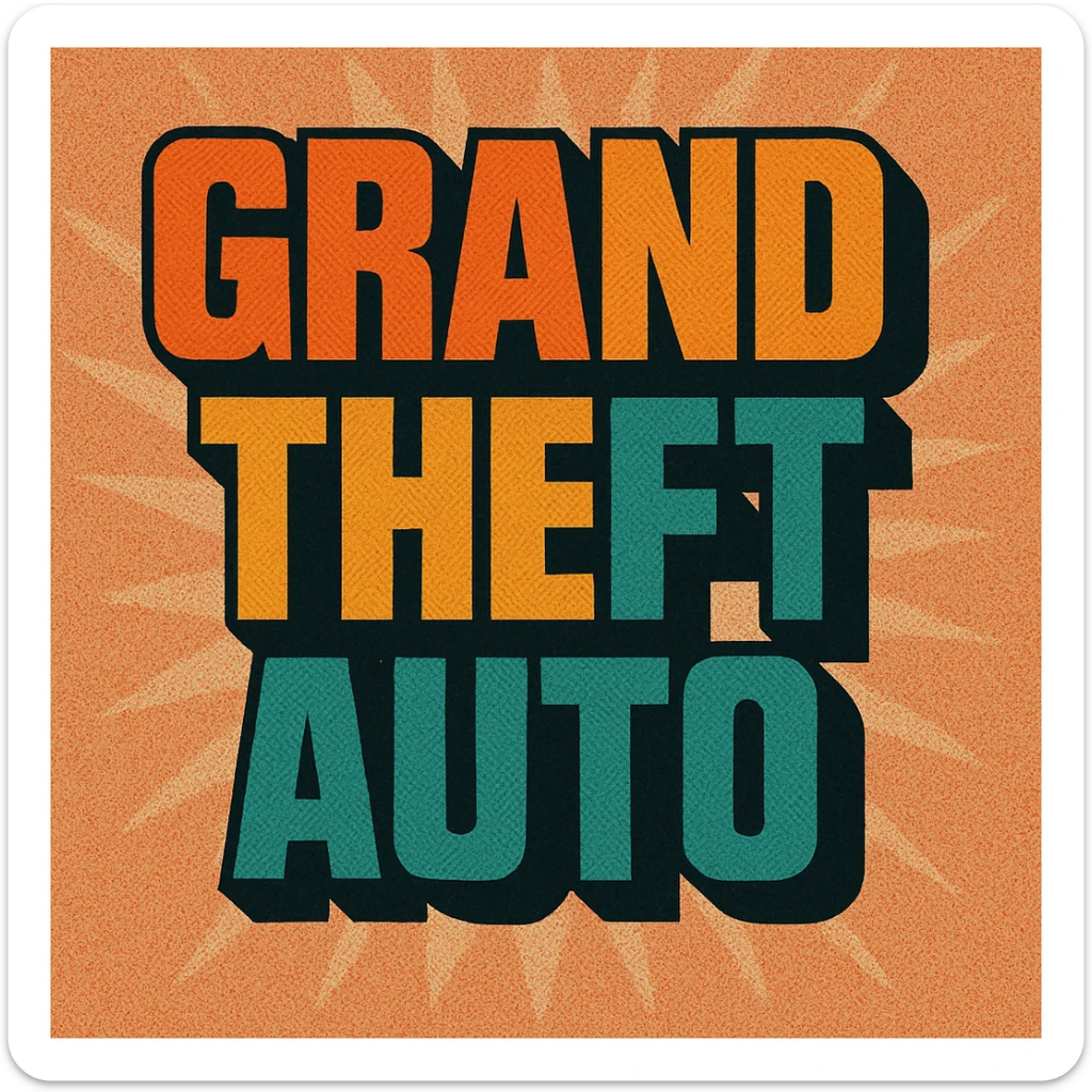 the words 'Grand Theft Auto' in a modern, urban style, inspired by the Grand Theft Auto logo, with a strong black outline and a subtle drop shadow sticker