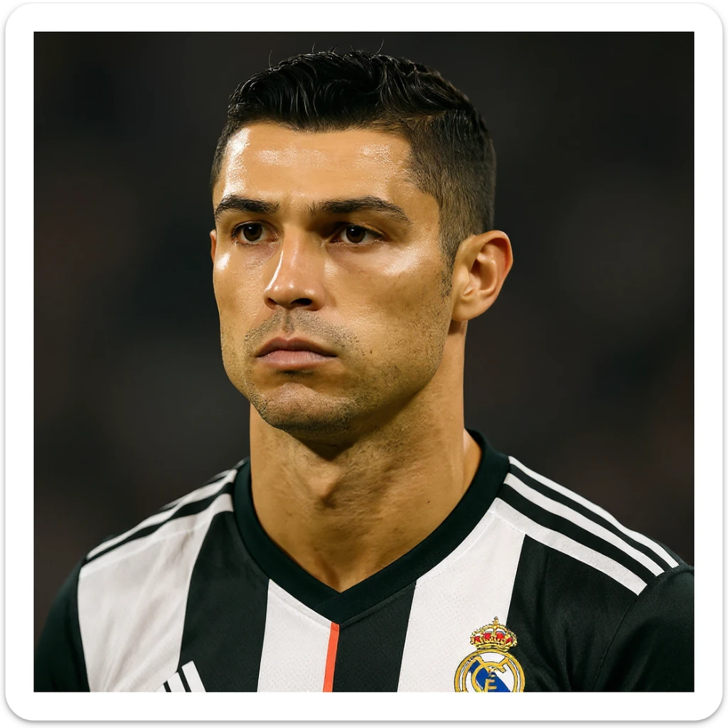 Realistic portrait style of Cristiano Ronaldo wearing a Real Madrid jersey, detailed and lifelike professional photography style. sticker