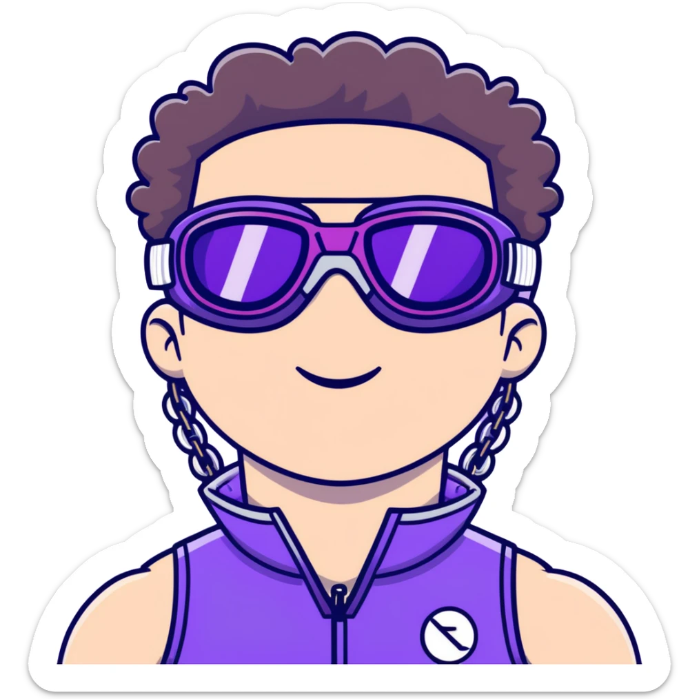 close-up of cool guy male athlete with white skin and moderately curly dark brown hair on top with shaved sides, wearing ski goggles with purple frames and very dark black lenses, winking behind the goggles, with an open mouth confident smile like a cool guy, a simple plain black chain necklace, and a completely unzipped sleeveless vest with purple and black sequin fire pattern design with no logo sticker