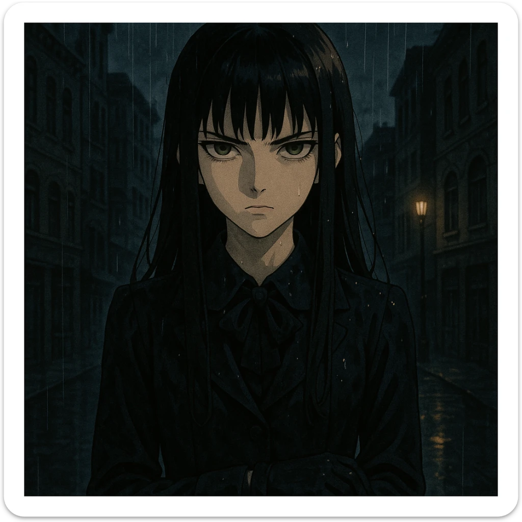 ultra-detailed anime girl with long straight black hair, sharp bangs, pale skin, amber green eyes, cold intense gaze, standing in the rain, cinematic lighting, wet dark school uniform, gloves, noir urban background, moody anime style, gothic shoujo, dramatic shadows sticker
