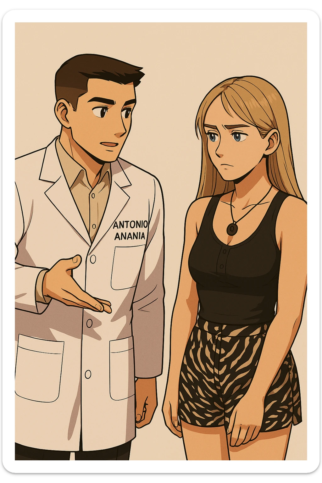 fai un webtoon/manga a colori con questo kinesiologo in camice bianco (fagli la scritta "ANTONIO ANANIA" SUL CAMICE) CHE PARLA CON QUESTA RAGAZZA CON GLI OCCHI AZZURRI. la ragazza gli fa una domanda preoccupata e IL KINESIOLOGO CON IL CAMICE BIANCO LE risponde. NON FARE I FUMETTI, FAI SOLO LORO COME SE DIALOGASSERO sticker