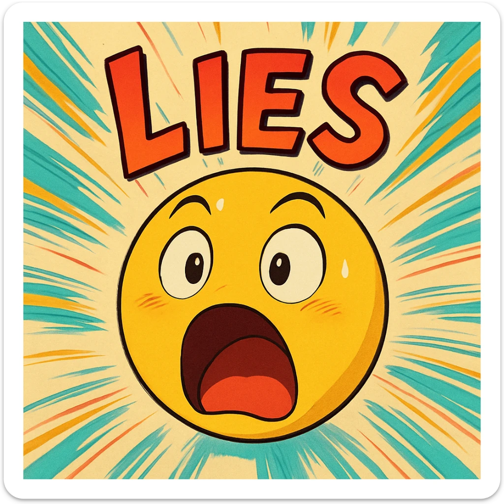 animated emoji with expressive face, mouth open, eyes wide, with the word 'LIES' in bold, energetic lettering, vibrant colors, dynamic motion lines sticker