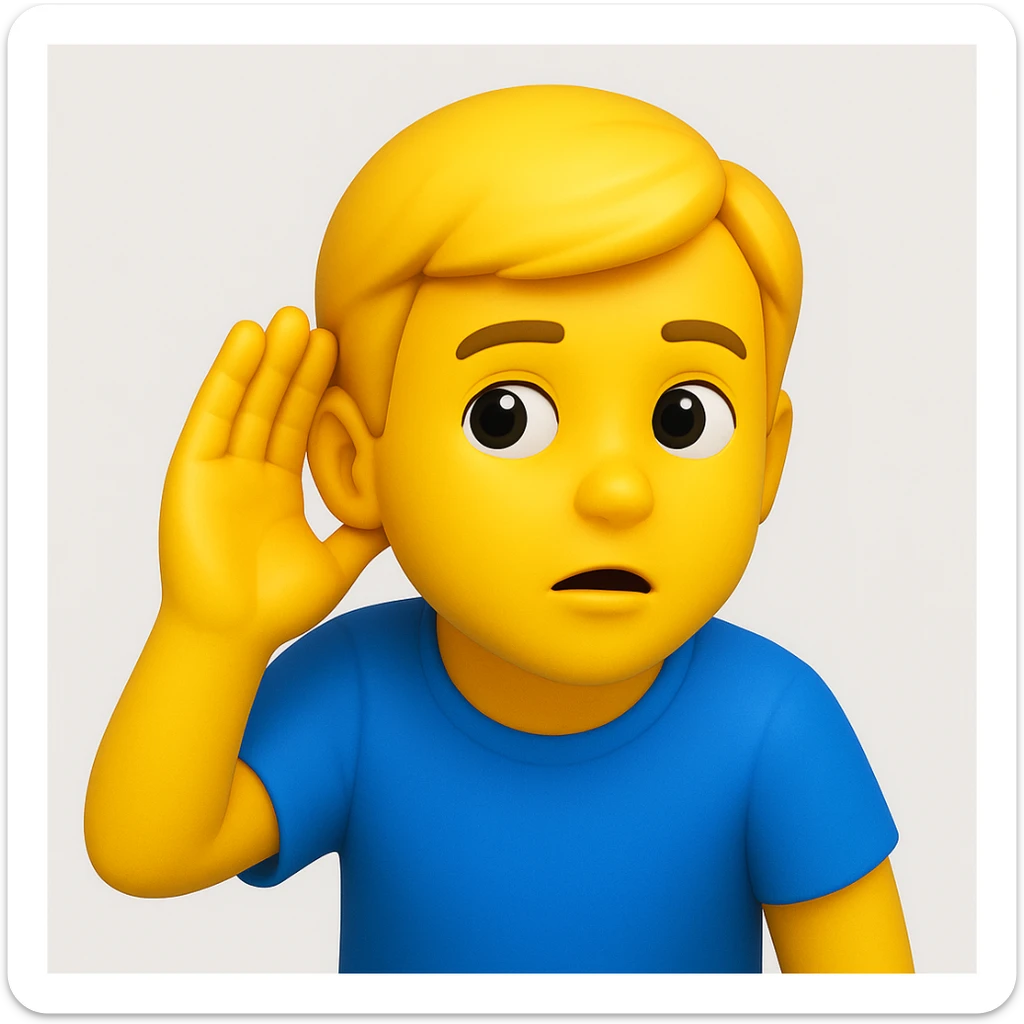 A 3D emoji in iOS emoji aesthetic style of a person wearing a blue t-shirt, holding one hand to their ear while leaning slightly forward as if trying to listen carefully, curious and attentive expression, glossy Apple

 sticker