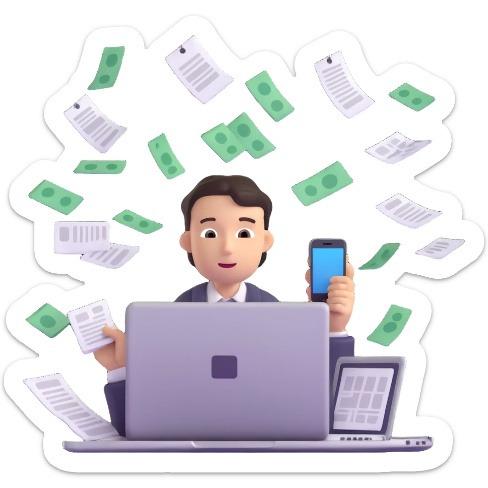 person holding a phone in one hand, laptop open in front, storm of receipts, invoices, and reminders swirling around, multitasking chaos sticker