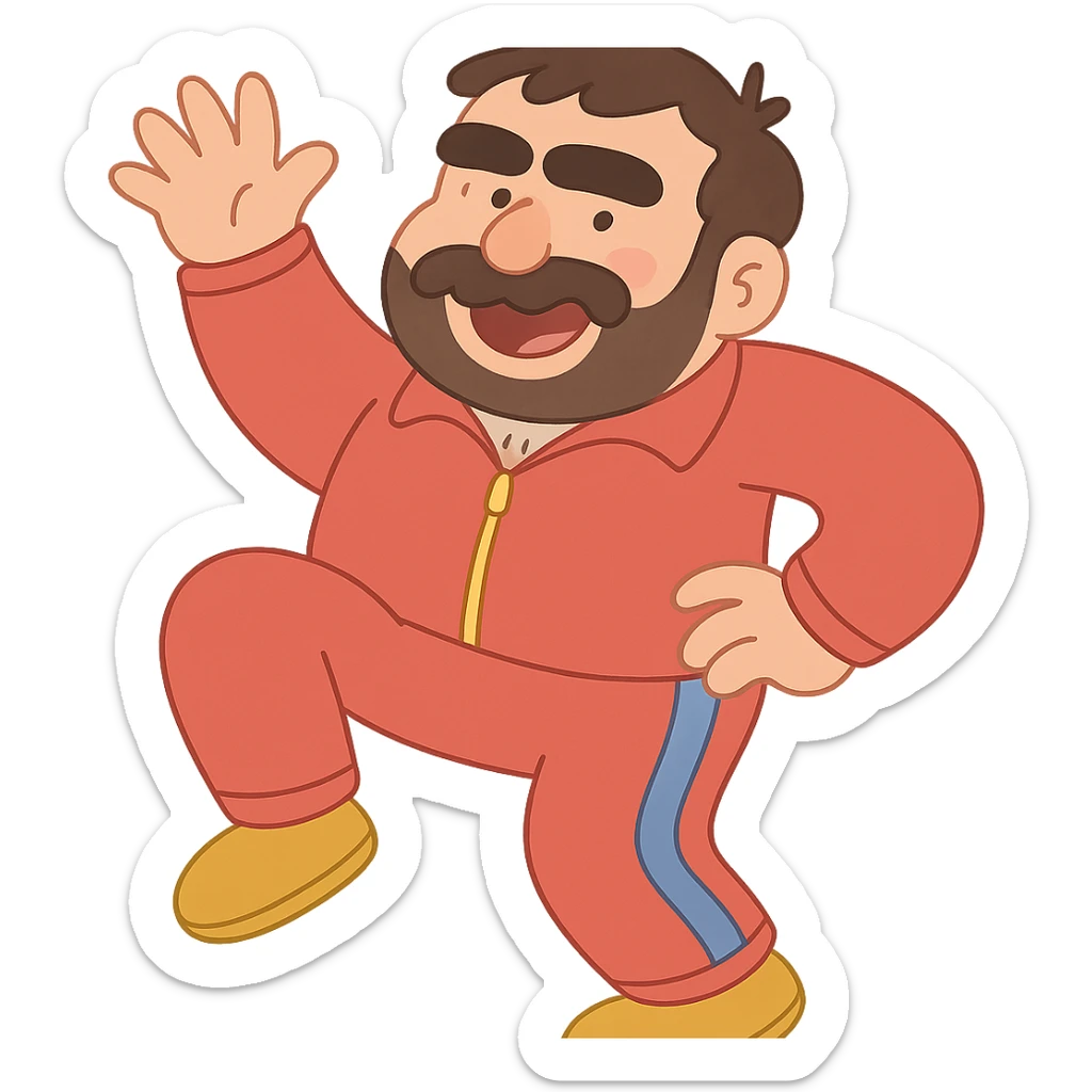 Recep İvedik, Turkish comedy character, bushy eyebrows, thick mustache, red tracksuit, in a silly pose, pastel toon style sticker