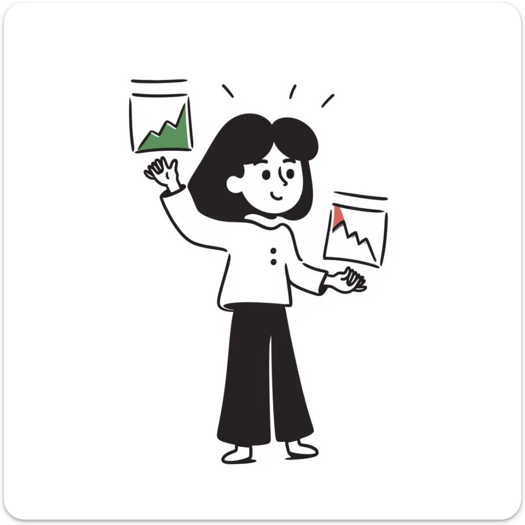 Girl holding chart with rising green graph line in right hand and holding another chart with falling red graph line in left hand sticker