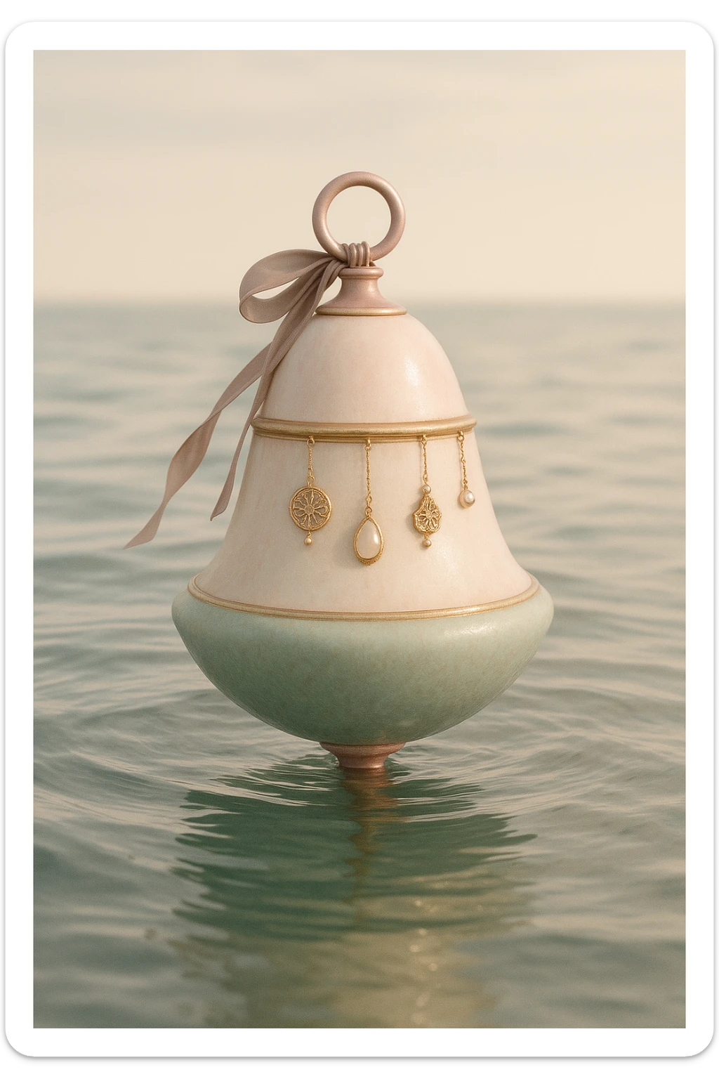 elegant buoy with subtle feminine touches and pendants, floating in the sea, soft color palette, refined and mature, not cartoonish, realistic style sticker