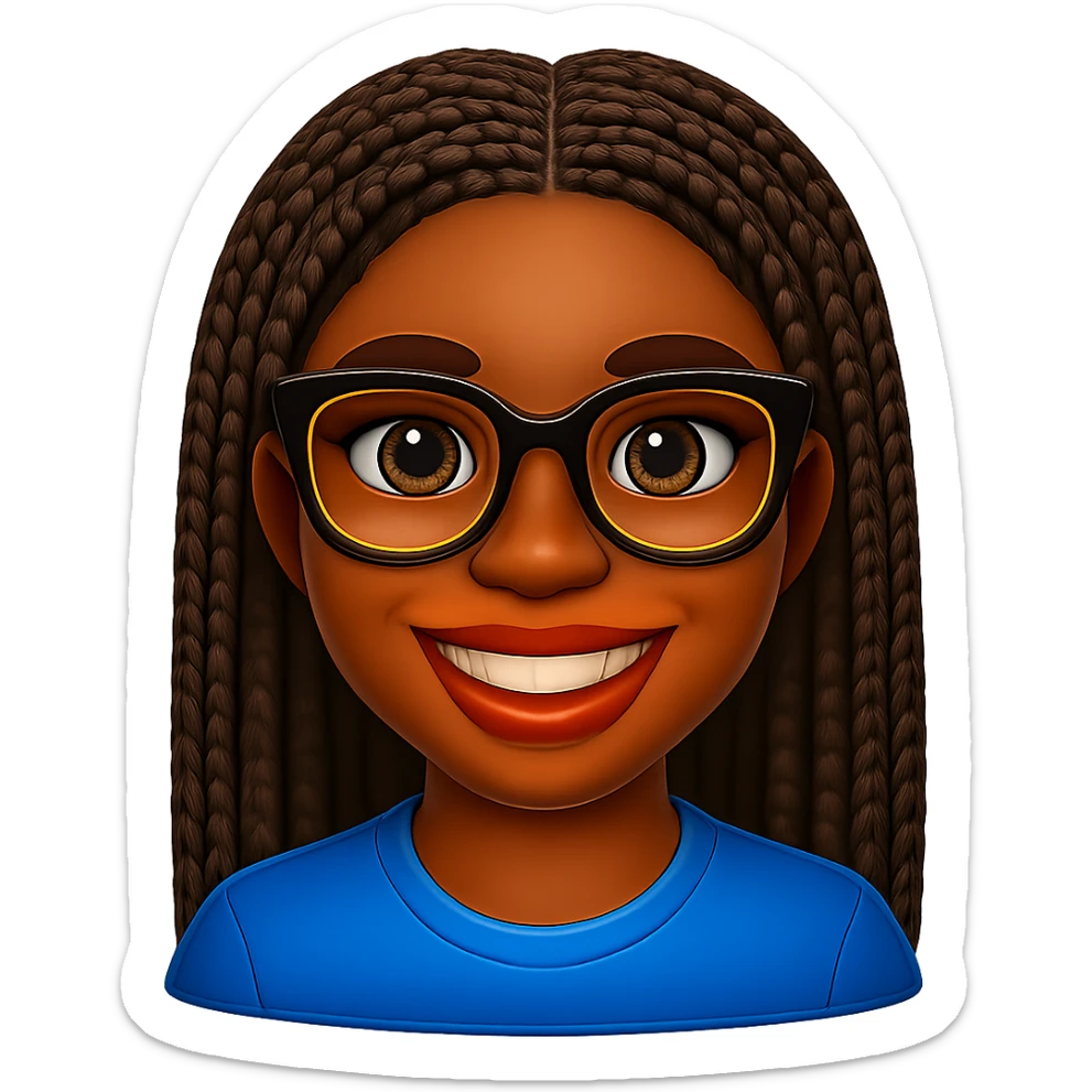 Add braided hair to Kemi Badenoch smiling emoji with glasses, keep the background transparent. Maintain the style and transparent background. sticker