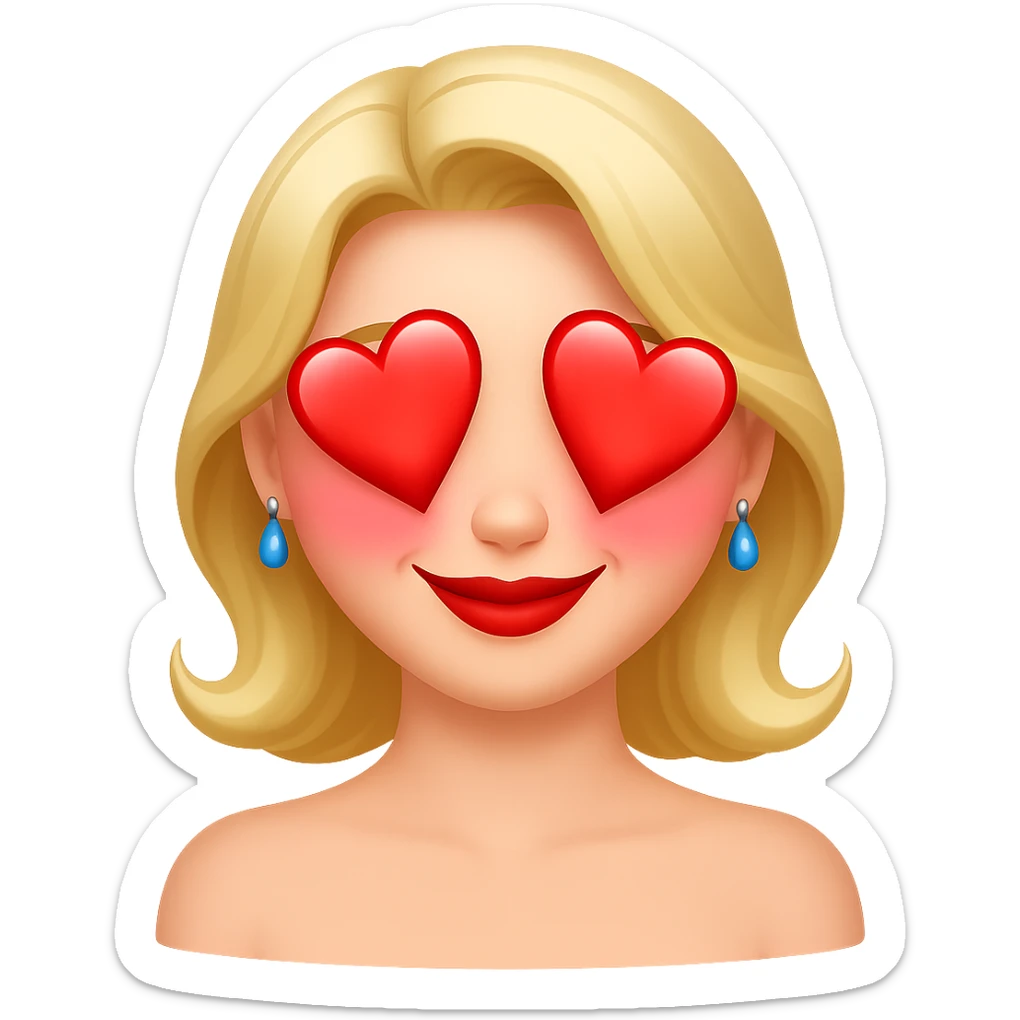 Change the facial expression of the character to a crush in love with heart eyes or blushing, keep the same style as the reference image, remove the background. sticker