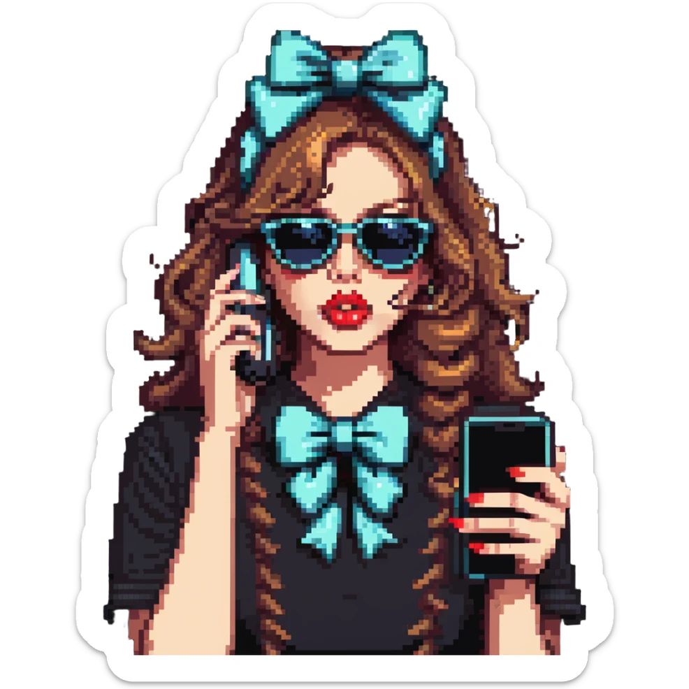 Girl with huge lips, sunglasses, bow on her hair, holding a phone with attitude sticker