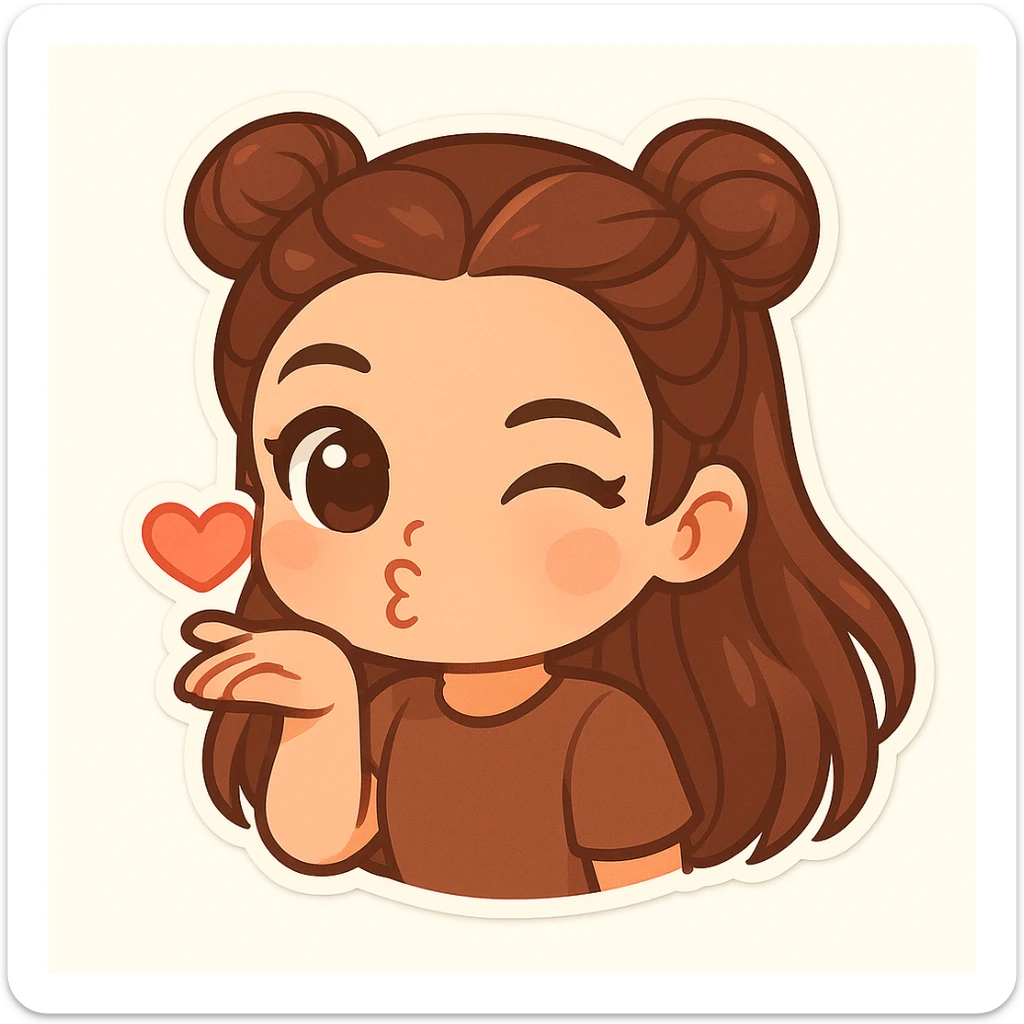 Create a chibi sticker of the girl blowing a kiss and winking, playful and sweet, featuring the double bun hairstyle as shown in the reference image. sticker