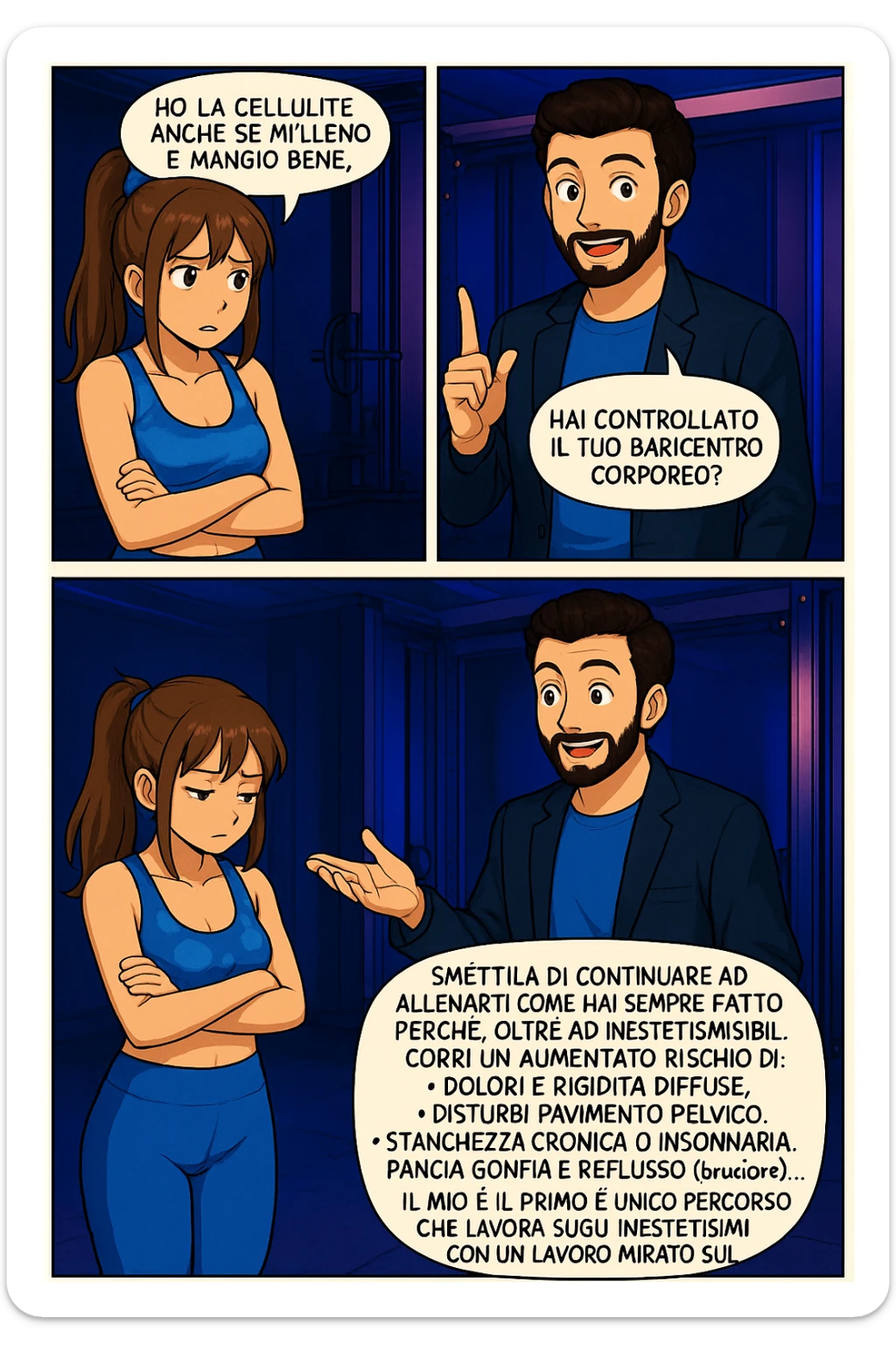 TRASFORMA QUESTO CAROSELLO IN UN FUMETTO STILE MANGA A COLORI CON QUESTE DUE PERSONE IDENTICHE CHE INTERLOQUISCONO TRA LORO:

LUI (UOMO): Smettila di continuare ad allenarti come hai sempre fatto perché, oltre ad inestetismi visibili, corri un aumentato rischio di:
    • dolori e rigidità diffuse
    • disturbi pavimento pelvico
    • stanchezza cronica o insonnia
    • pancia gonfia e reflusso (bruciore)
    • etc… sticker