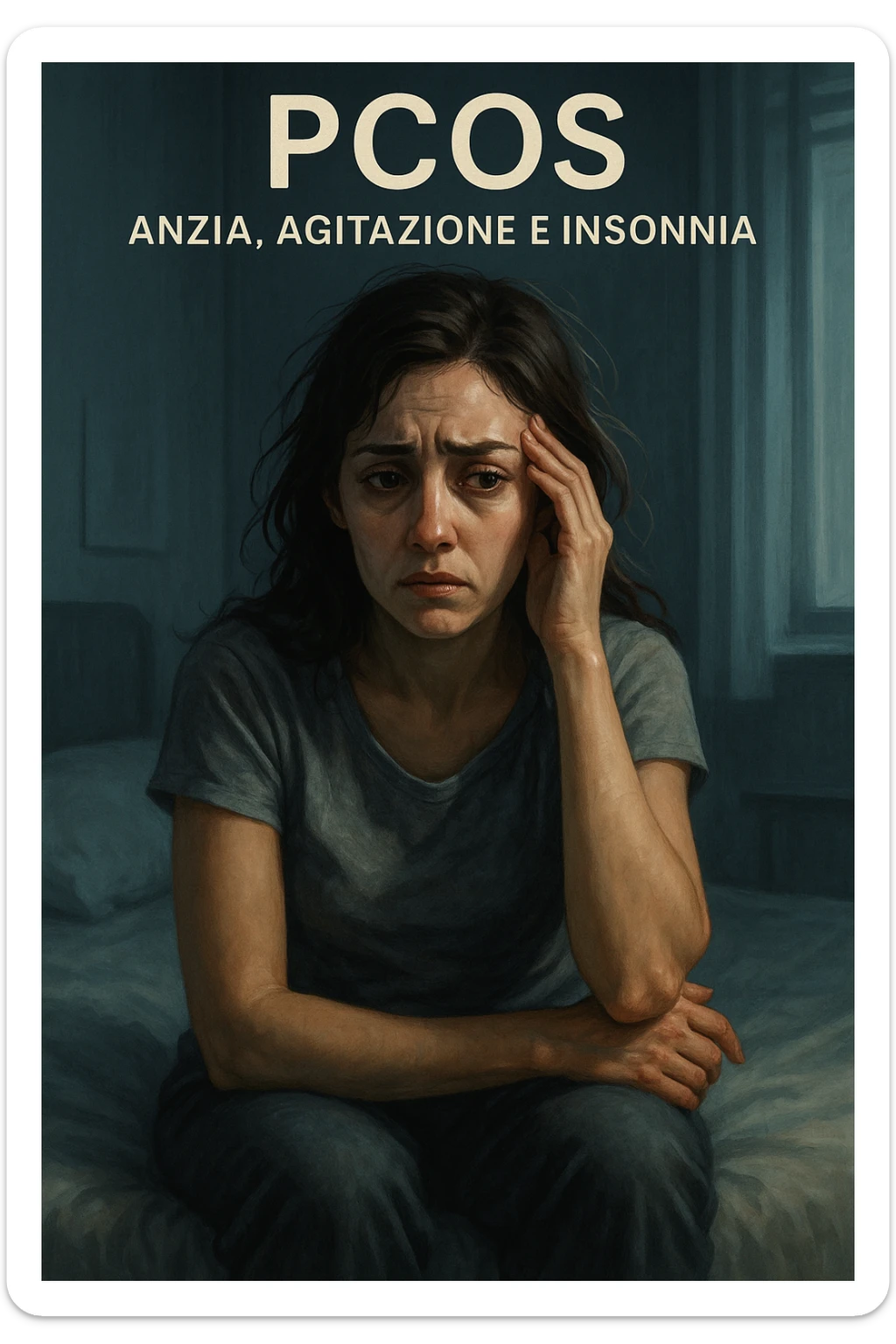 vertical realistic cinematic illustration of a woman with PCOS (polycystic ovary syndrome) showing anxiety, agitation, and insomnia. Worried expression, restless posture, tired eyes, clinical atmosphere, dramatic lighting, Italian captions, aspect ratio 2:3 sticker