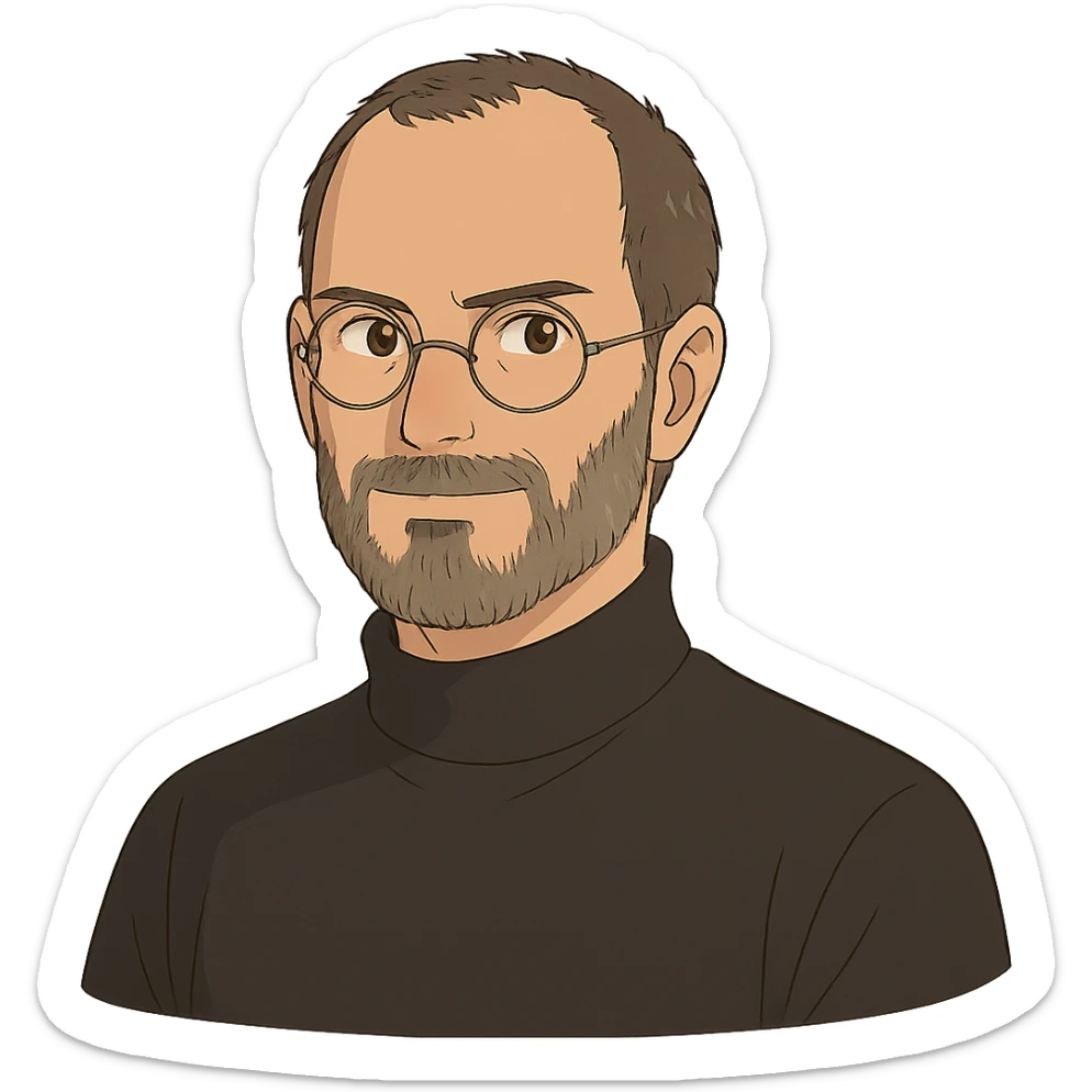 ghibli style portrait of Steve Jobs, wearing a turtleneck and round glasses, no background sticker