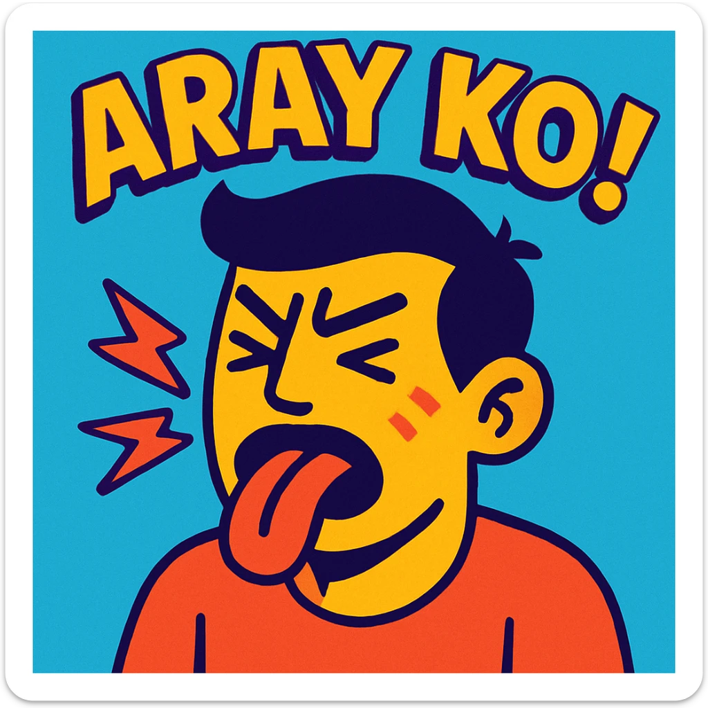 a guy with his tongue out and the words 'aray ko' in vibrant toon style sticker
