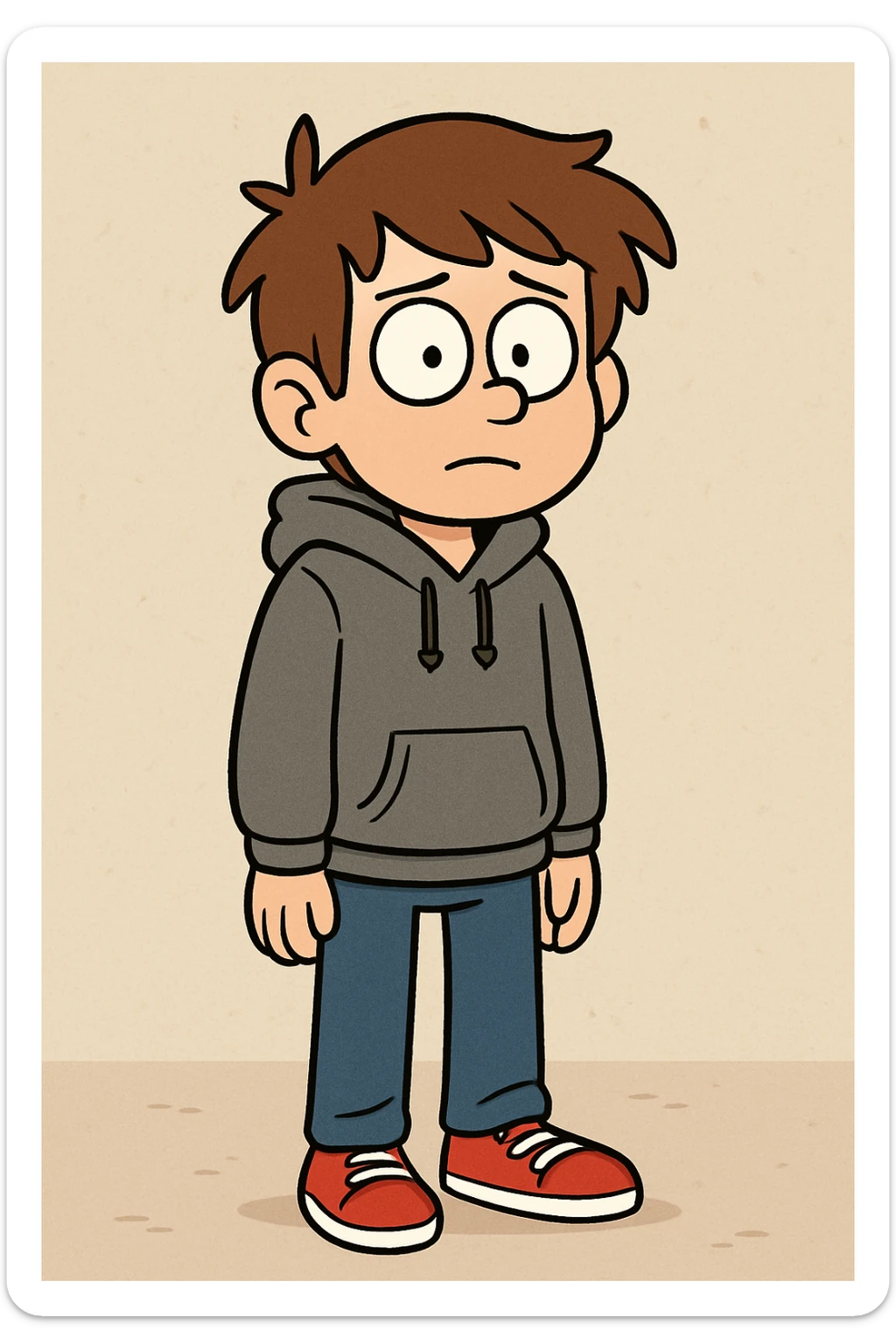 a boy brown hair grey awdis kids hoodie blue jeans red shoe  sticker