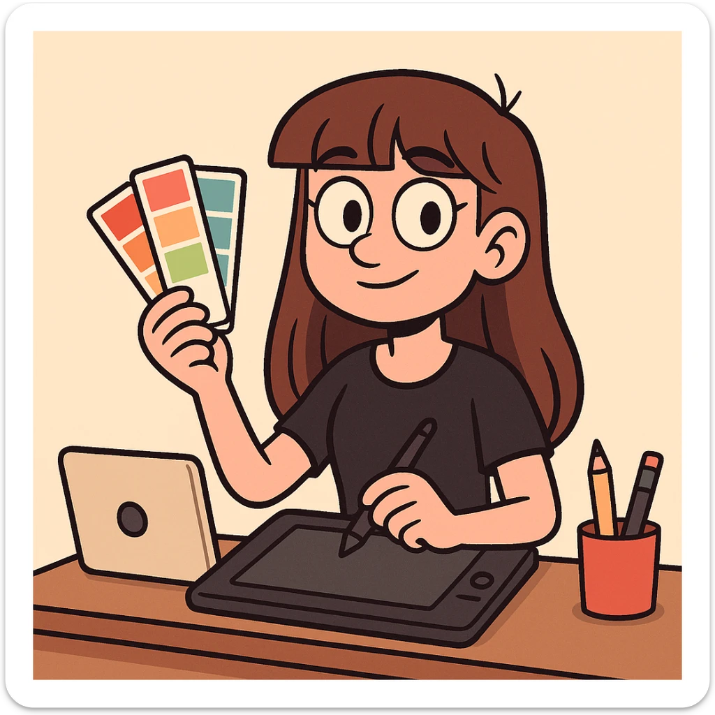 a girl graphic designer with long brown hair and bangs, brown eyes, holding a color palette, flat toon style sticker