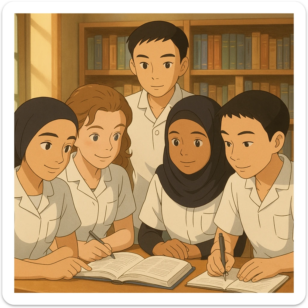 Scène intérieure en style Ghibli : quatre étudiants infirmiers collaborent, inspirés des quatre personnes sur les photos jointes. Uniformes blancs à manches courtes, col en V, poche poitrine à gauche, pas de stéthoscopes ni pied de col, avant-bras nus, cheveux longs attachés. Ambiance conviviale et studieuse. sticker