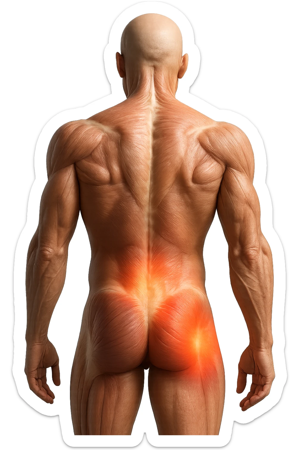 CORPO UMANO ANATOMICO REALISTICO DI SPALLE CON DOLORE ALLA LOMBARE INFIAMMATA, DOLORE ALL'ANCA, IPERREALISTICO 4K sticker