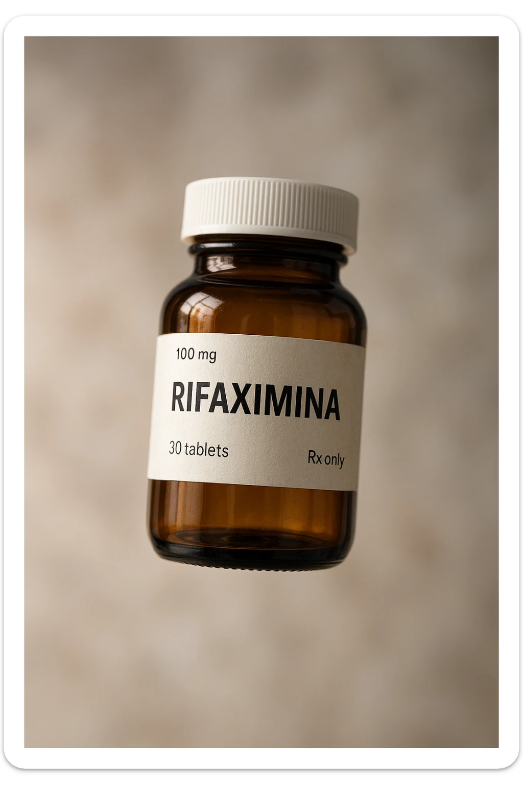 barattolo di medicinale con la scritta "rifaximina" sull'etichetta fluttua in aria, iperrealistico 4k sticker