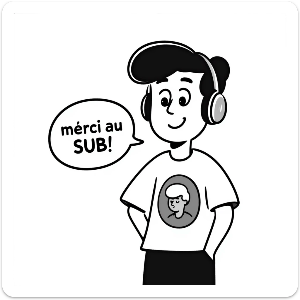 A smiling person with black hair, brown eyes, and a black beard wearing a gaming headset saying "merci au SUB" sticker