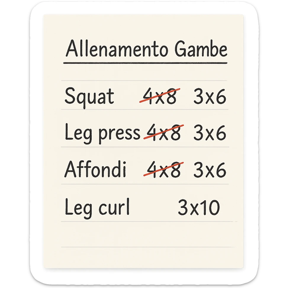 foglio di carta con scheda di allenamento gambe in italiano con volume di allenamento ridotto (fai alcuni esercizi con 4x8 scritti in precedenza sbarrati in rosso e la correzione accanto tipo 3x6), scrivila al meglio che puoi sticker