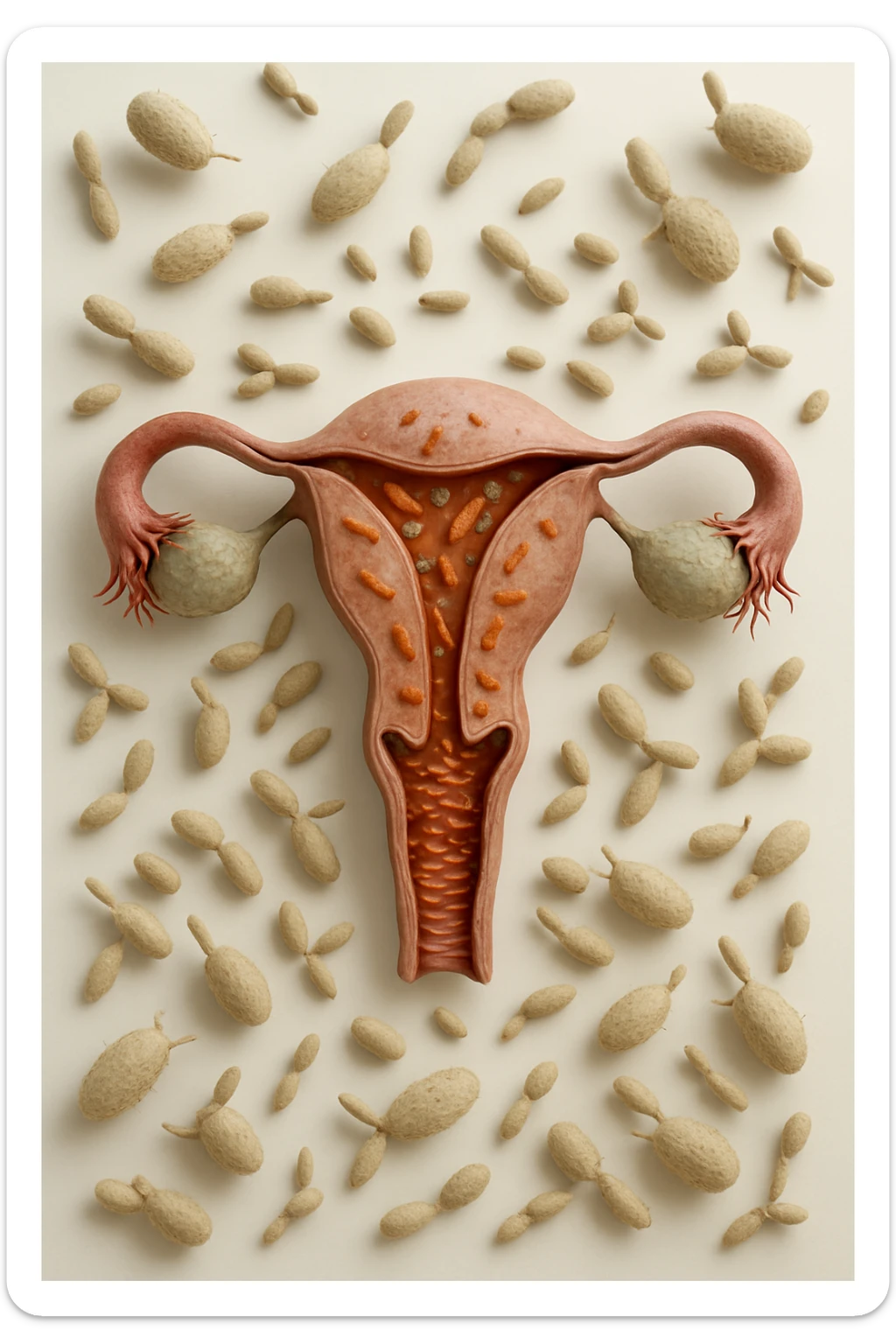 utero umano realistico con batteri della candida intorno, la foto si deve vedere per intero in formato verticale, sullo sfondo neutro chiaro ci sono batteri della candida, iperrealistico 4k sticker
