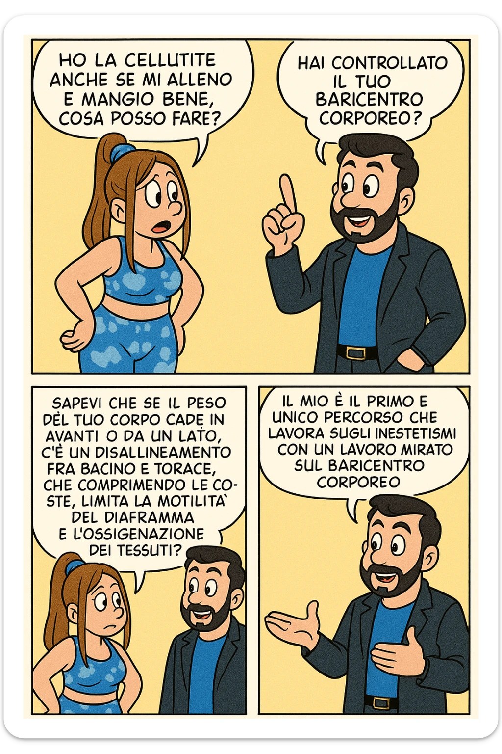 TRASFORMA QUESTO CAROSELLO IN UN FUMETTO STILE FUMETTO TOPOLINO CON QUESTE DUE PERSONE IDENTICHE CHE INTERLOQUISCONO TRA LORO:

LEI: Ho la cellulite anche se mi alleno e mangio bene, cosa posso fare?

LUI: Hai controllato il tuo baricentro corporeo?
LUI: Sapevi che se il peso del tuo corpo cade in avanti o da un lato, c’è un disallineamento fra bacino e torace, che comprimendo le coste, limita la motilità del diaframma e l’ossigenazione dei tessuti?
LUI: Il mio è il primo e unico percorso che lavora sugli inestetismi con un lavoro mirato sul baricentro corporeo. sticker