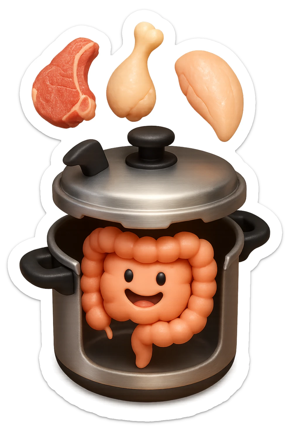 emoji stile iphone in 3d di una pentola a pressione dentro cui cadono agnello, pollo, tacchino crudi e un intestino umano felice da cuocere, iperrealistico 4k sticker