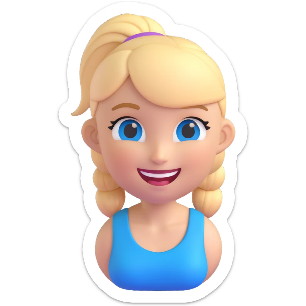 3D emoji of a white girl with blonde hair in a ponytail, blue eyes, winking sticker