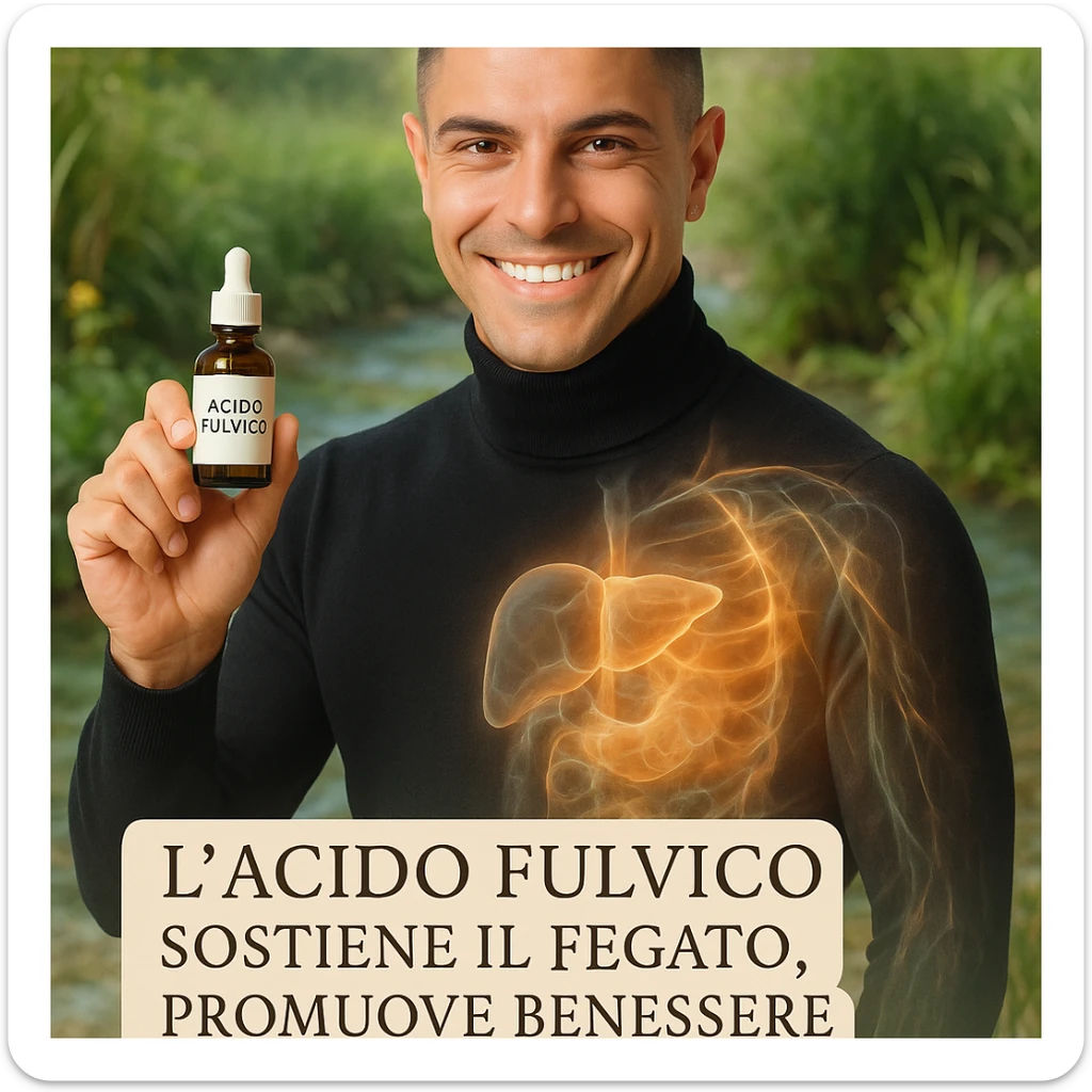 Uomo con il volto del riferimento, tiene una boccetta 'acido fulvico', energia traslucida che attraversa fegato e pelle, ambiente naturale, piante e acqua pulita sullo sfondo, stile wellness, testo in italiano. sticker