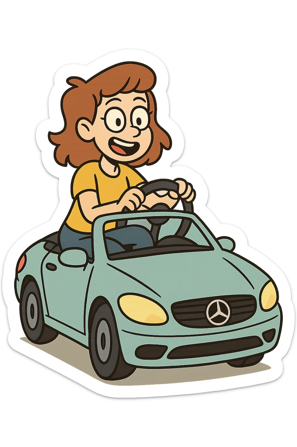 cartoon style, cheerful colors, girl riding a Mercedes car, transparent background sticker