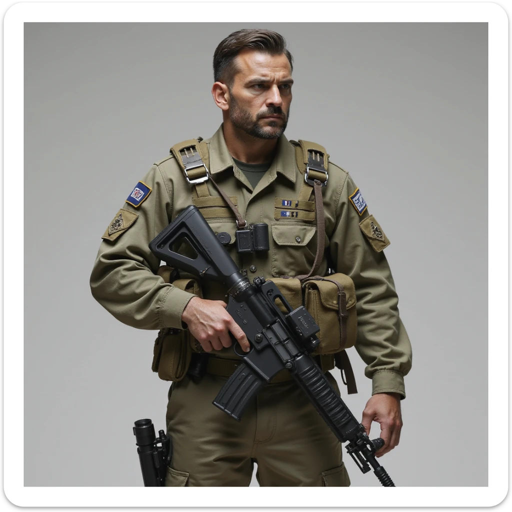 an Israeli soldier, modern uniform, neutral pose, realistic details sticker