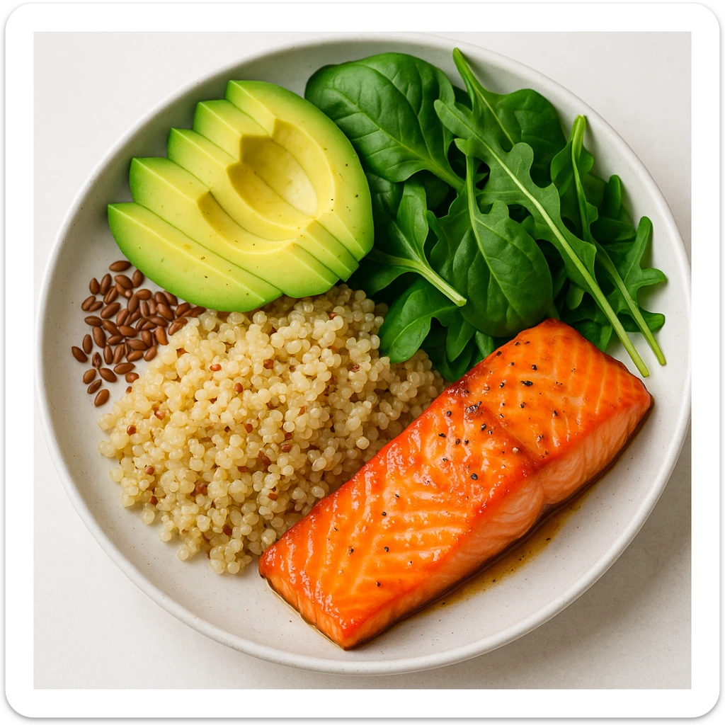 close-up of a balanced plate with salmon, quinoa, avocado, leafy greens, flax seeds, food photography style, vibrant colors, light background sticker