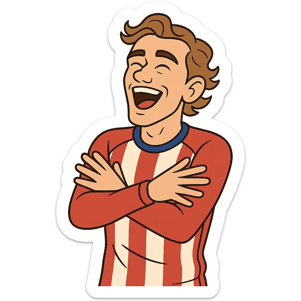 Griezmann goal celebration, football player, arms crossed, wearing football jersey, energetic pose, cartoon style sticker