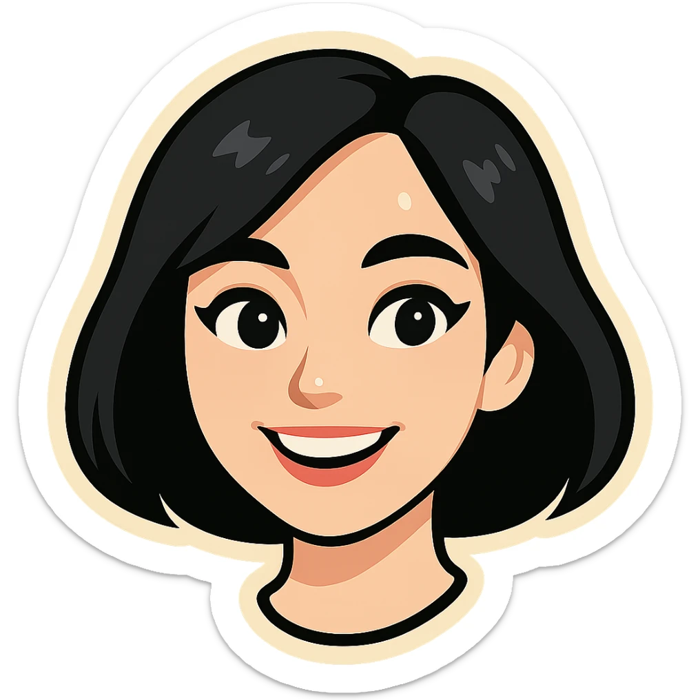 Make the girl cute with pale skin and a smile similar to Samsung Sam. No shadows or outlines. Style like clean and minimalist Telegram stickers, suitable for a Telegram bot profile. Transparent background. sticker