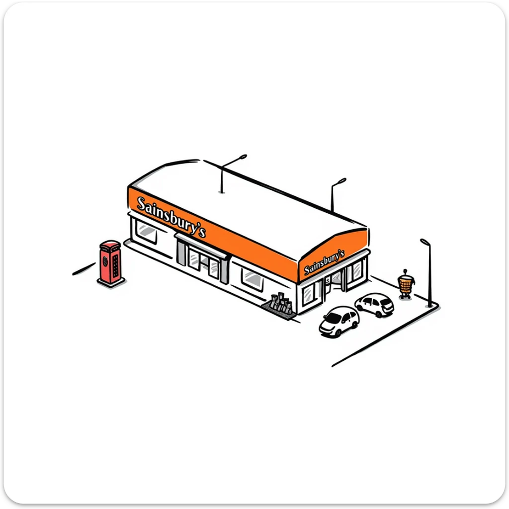 Isometric British Sainsbury's supermarket building with orange signage, car park, shopping trolley bay, and red telephone box nearby sticker