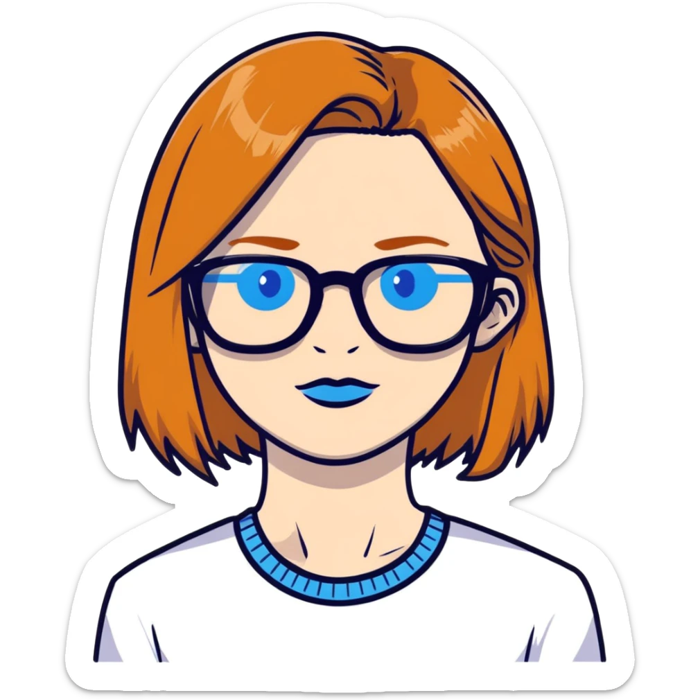 woman with pale skin, ginger straight hair, black glasses, blue eyes sticker