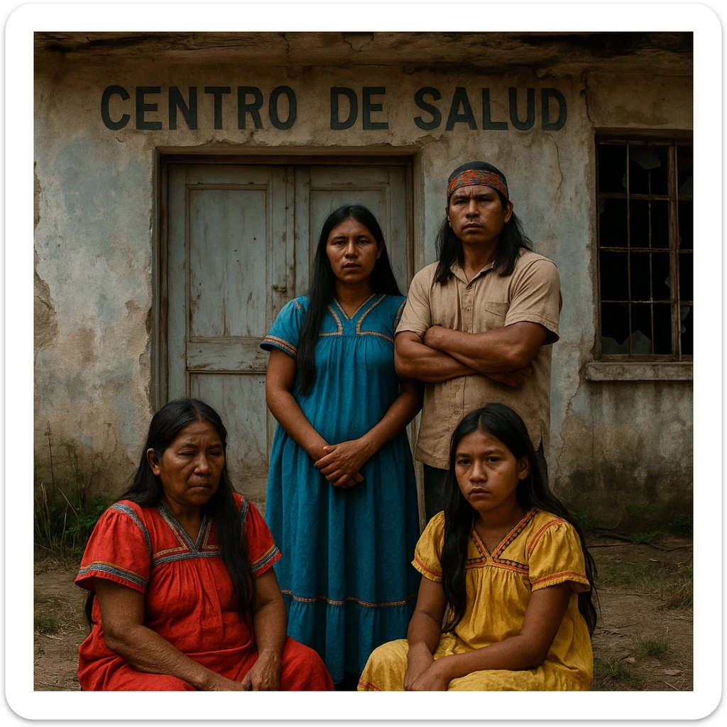 Costa Rican indigenous people in front of a closed or dilapidated medical center, reflecting lack of access to health services sticker