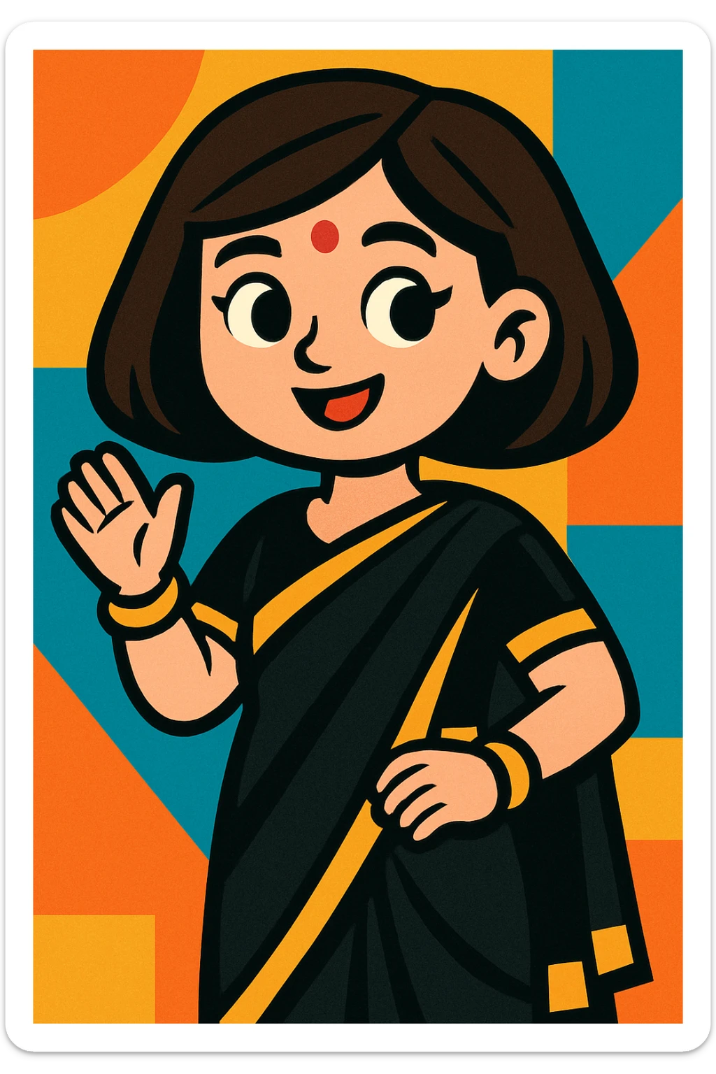 a girl in a black Indian outfit, bob cut brown hair, white skin, in a vibrant toon style sticker
