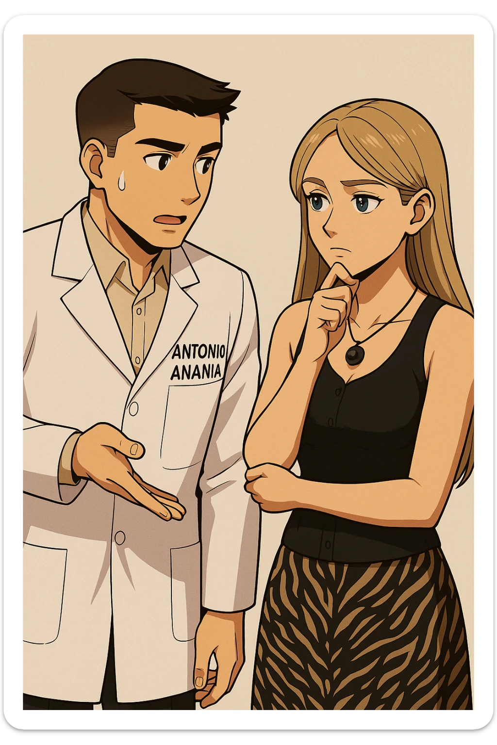 fai un webtoon/manga a colori con questo kinesiologo in camice bianco (fagli la scritta "ANTONIO ANANIA" SUL CAMICE) CHE PARLA CON QUESTA RAGAZZA CON GLI OCCHI AZZURRI. la ragazza HA UN DITO SUL MENTO MENTRE PENSIEROSA gli fa una domanda e IL KINESIOLOGO CON IL CAMICE BIANCO LE risponde. NON FARE I FUMETTI, FAI SOLO LORO COME SE DIALOGASSERO sticker