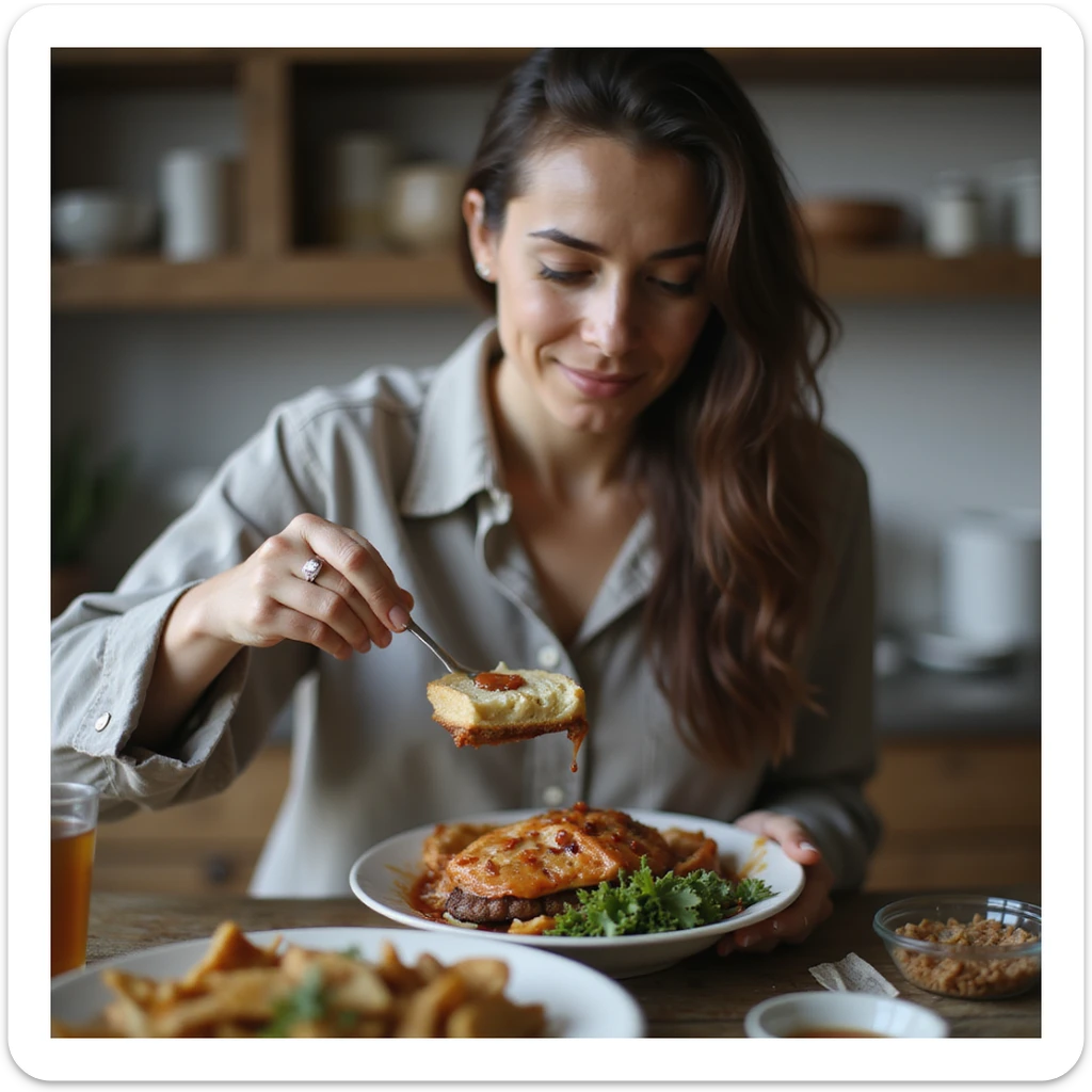 realistic hyper-detailed 4K image of a woman weighing a small portion of food but adding many condiments, with a satisfied expression, in a home environment sticker
