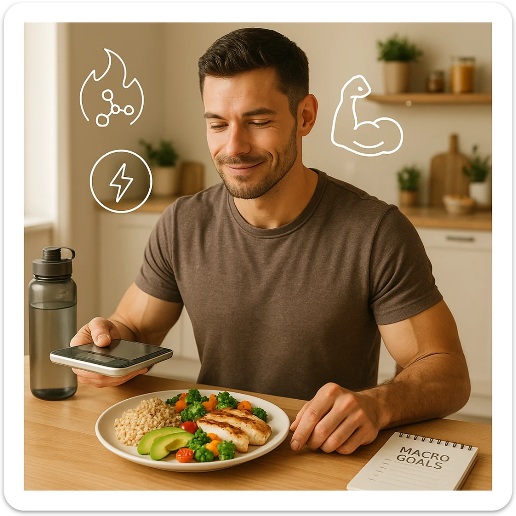 A fit man in his early 30s, sitting calmly at a clean wooden kitchen table, adjusting his meal portions with intention. On the plate: whole grain rice, avocado slices, grilled chicken, and olive oil drizzled vegetables — slightly more than a normal serving, symbolizing a small caloric surplus. He’s holding a digital food scale and smiling slightly, showing confidence. Around him float clean icons of metabolism, muscle growth, and energy. Background: bright morning light, minimalistic kitchen with fitness and wellness elements (e.g. a water bottle, notepad with 'macro goals', and healthy food on shelves). Style: semi-realistic, lifestyle photography look, warm tones, high detail sticker