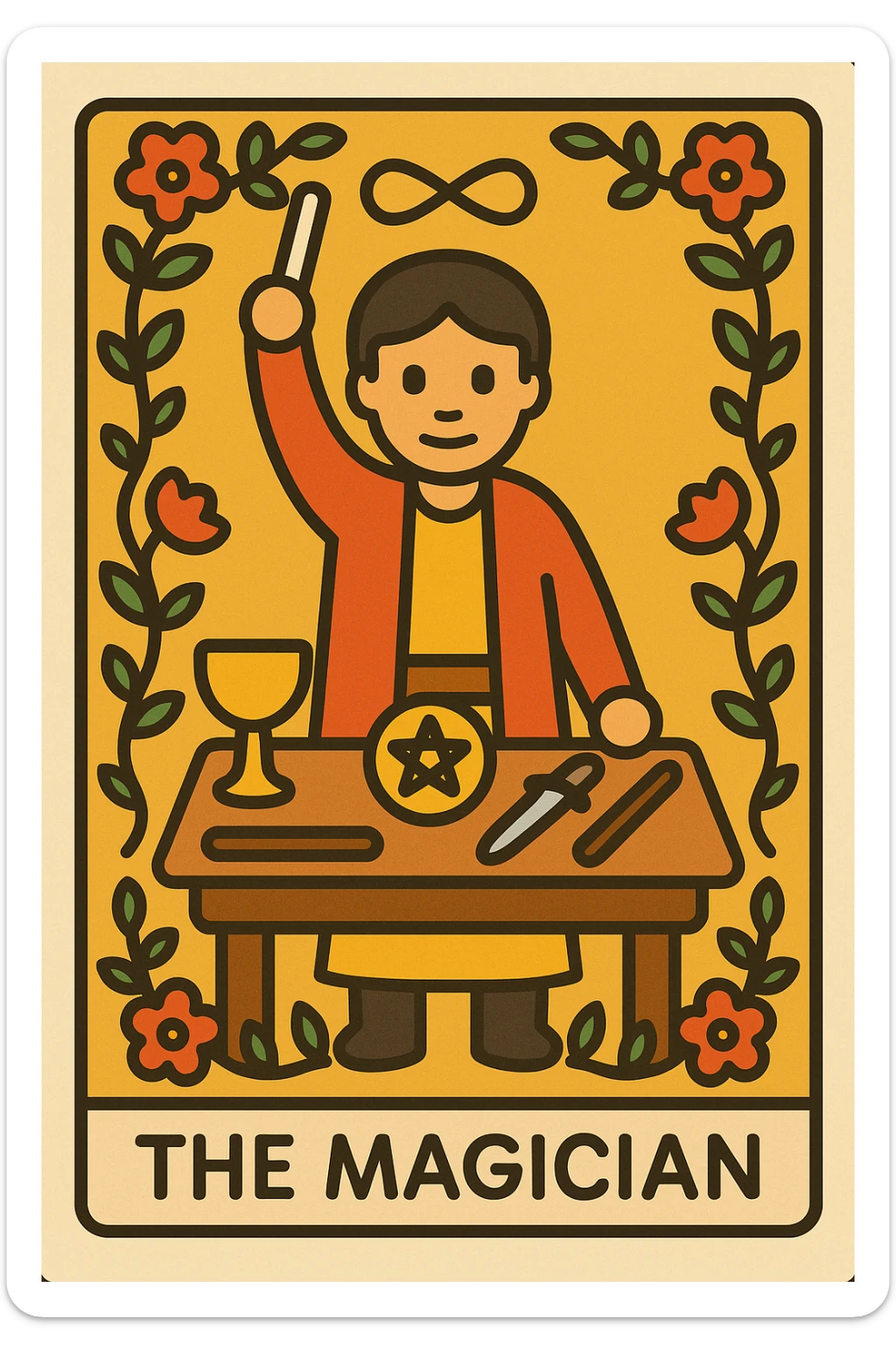 Simplified emoji of The Magician tarot card inspired by Rider Waite Smith, showing a magician with a wand, table with symbols, and a floral border, classic tarot card style sticker