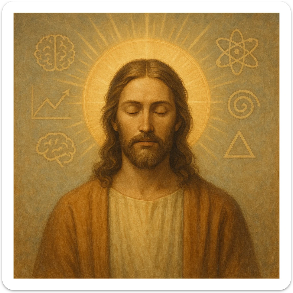 Christ Guardian of Mind, calm wise presence with luminous halo, eyes closed in meditation, gentle rays of light emanating from head, abstract symbols of intellect, tranquil spiritual style sticker